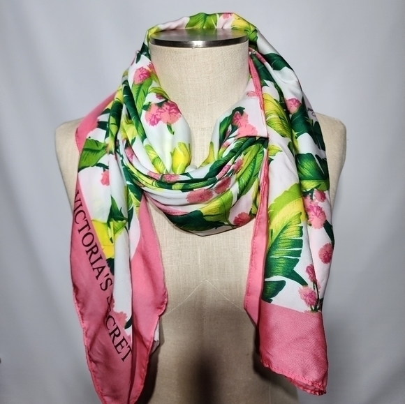 Victoria's Secret Green Pink Tropical Foliage Print Scarf Cover Up - Picture 7 of 14